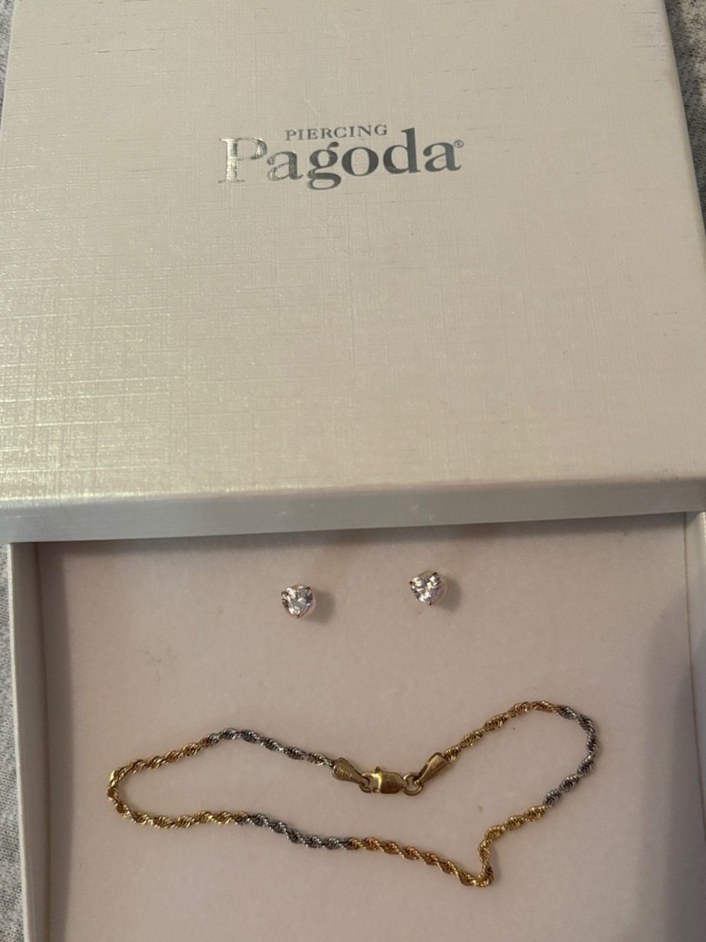 Tri-Tone Gold, Rose Gold & Silver Rope Bracelet with Crystal Heart Stud Earrings